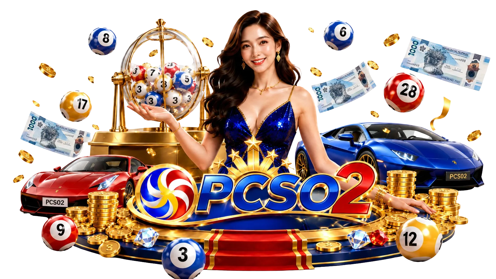 PCSO2 lottery artwork with draw balls, prizes, and cars